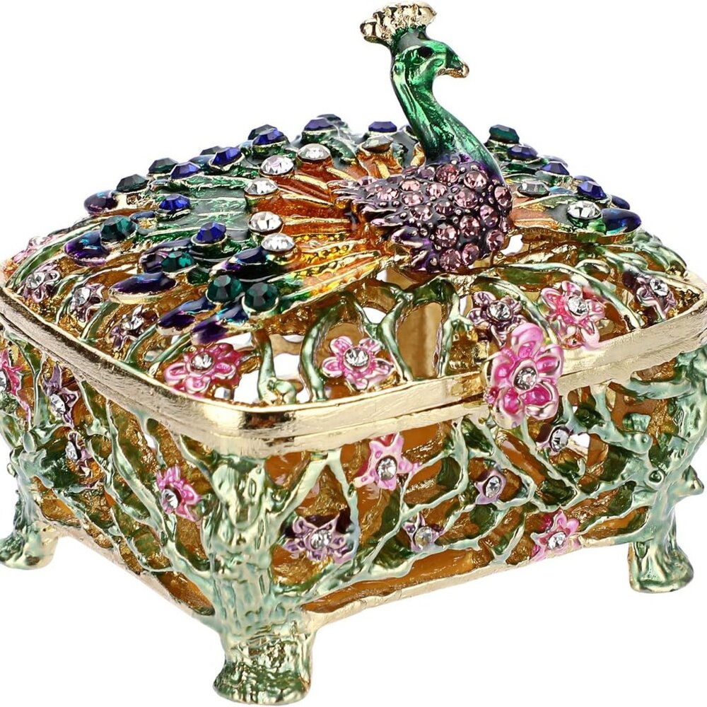 Cloisonne Peacock Trinket Jewelry Box with Gold and‎ Rhinestones